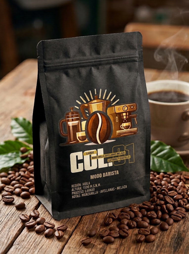 Paquete del Café de Colombia 01 sobre granos de café